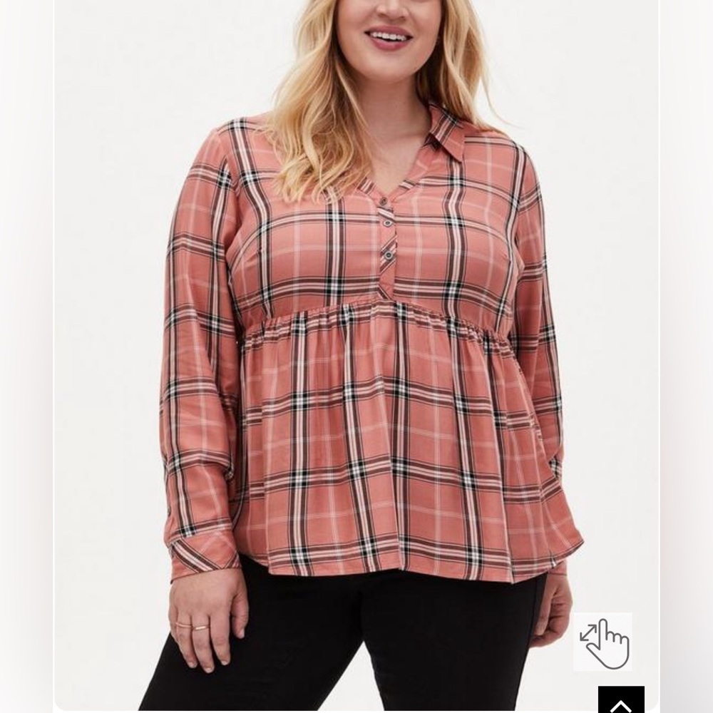 Torrid | Peach Plaid Twill Peplum Babydoll Popover Top Size 2X